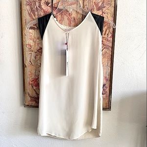 NEW PARKER BRAND STRETCH WHITE KNIT BLACK LEATHER TOP BLOUSE OVERSIZED XS